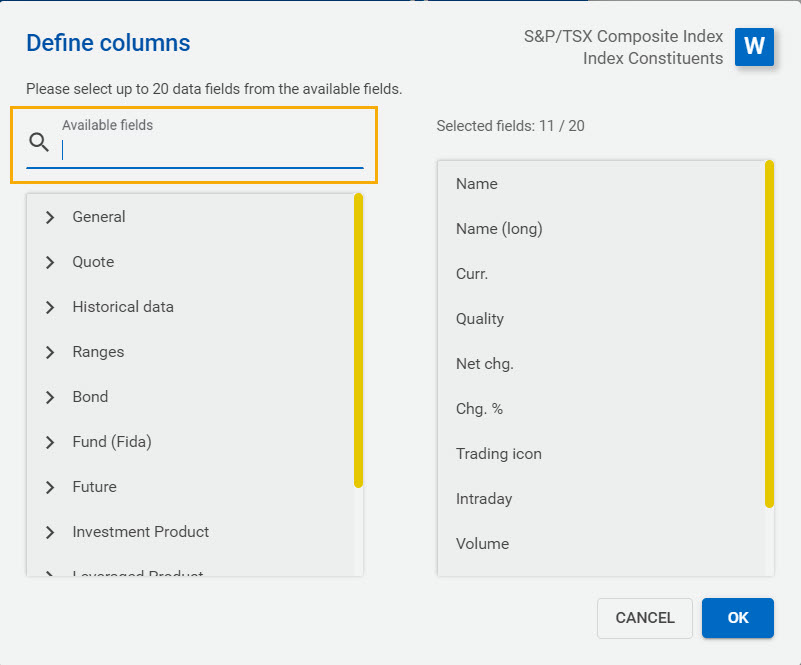 Screenshot on how to search for columns